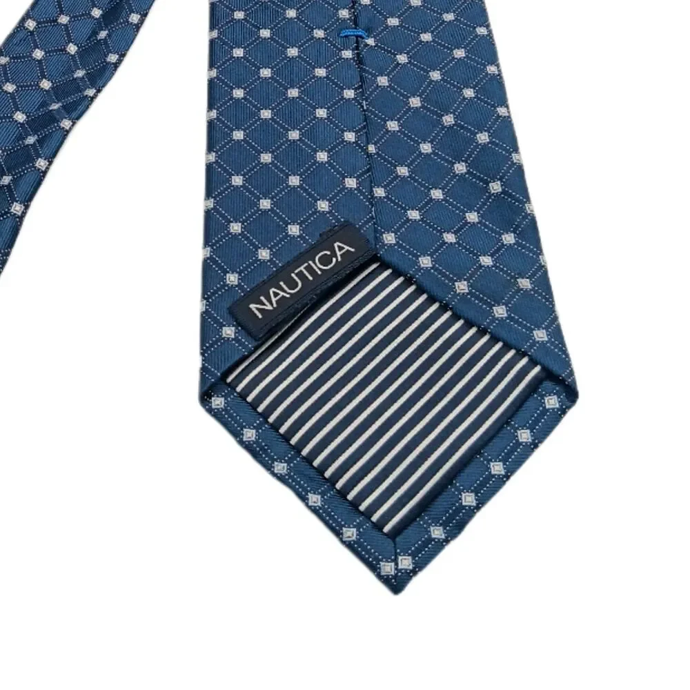 Nautica Silk Tie Mens 60” Navy Blue Geometric Woven Classic Coastal Preppy New